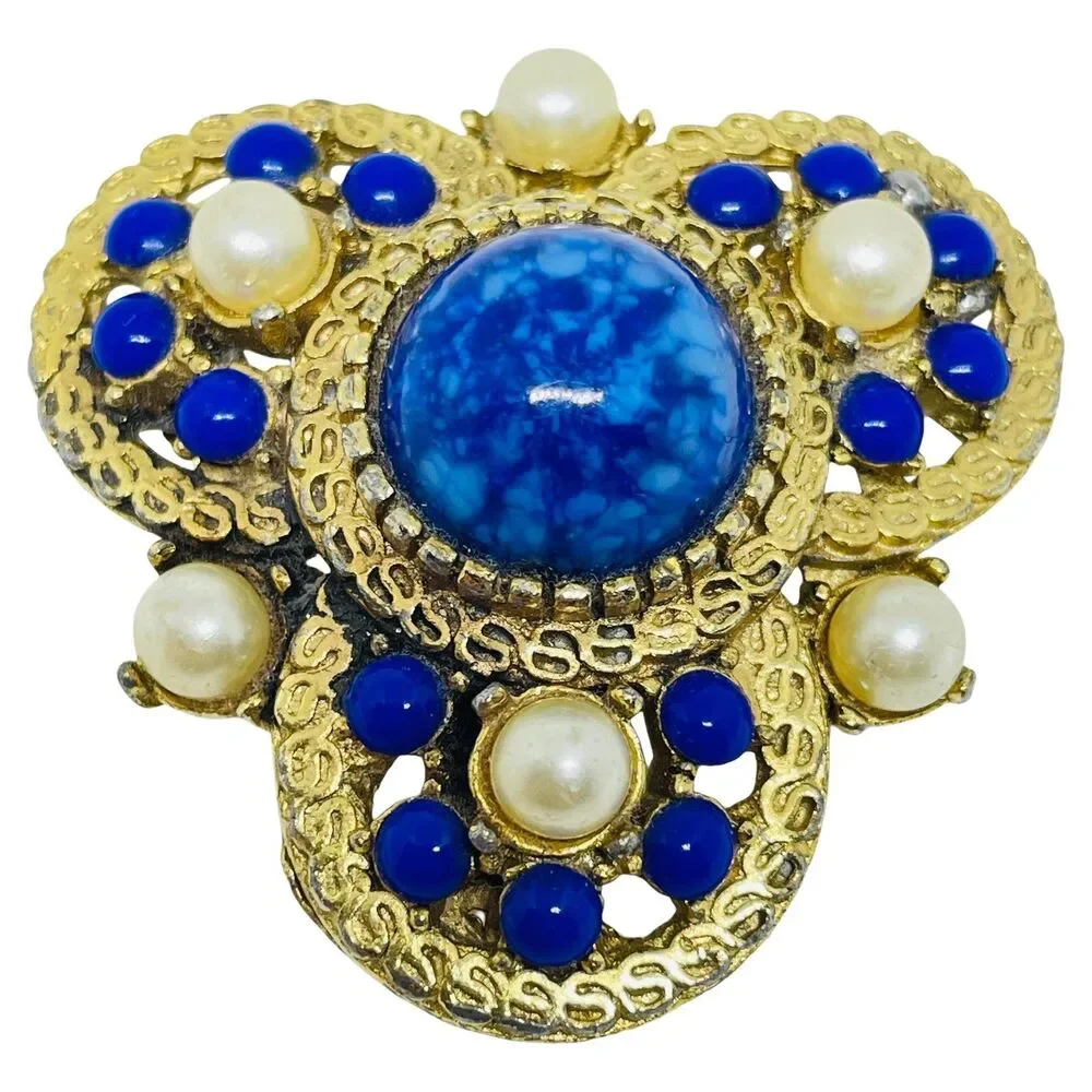 Vintage gold tone glass lapis pearls designer brooch